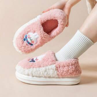 女士可爱毛绒布兔子卡通拖鞋，保暖厚软底室内防滑全跟拖鞋，适合冬季