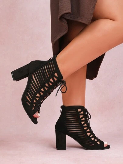 Fall/Winter Wide Fit Women's Black Ankle Boots Spring Summer New Fashion Versatile Rear Zipper Lace-Up Hollow Breathable Open Toe High Heel Boots Outdoor Comfortable Plus Size Thick Heel Boots Heeled Boots