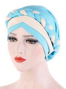 1pc Women Dual-Tone Milk Silk Headscarf Cap With Braid, Hair Covering Daily Under Cap
