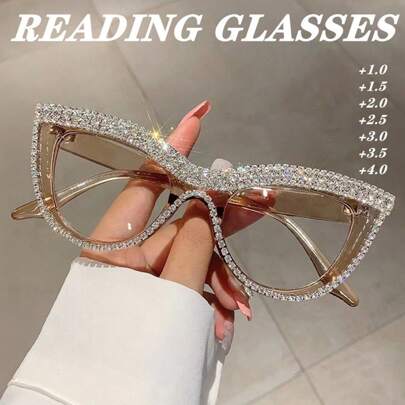 Cat Eye Glasses With Sparkling Rhinestones Full Frame Pcs Lens For Women Available In Multiple Strengths (+1.0 To +4.0) Accessories For Women Glasses