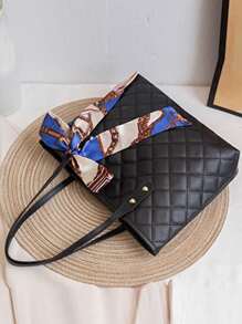 1 pieza Bolso tote acolchado con bordado de diamantes, gran capacidad, ligero y versátil para desplazamientos, con decoración de bufanda - Negro - Ver 4