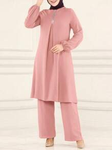 Women's Casual Solid Color Round Neck Top With Loose Fitting Pants, Elegant Two Pieces Set Spring Pink - Pink - View 1