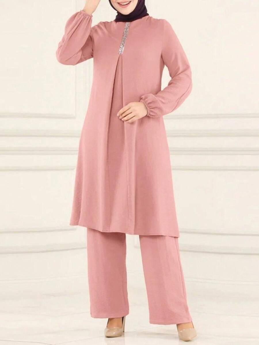 Women's Casual Solid Color Round Neck Top With Loose Fitting Pants, Elegant Two Pieces Set Spring Pink - Pink - View 1