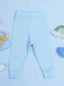 SHEIN Ribbed Knit Pants For Baby Girls And Boys, 2 Pieces, Soft, Hypoallergenic, Comfort Waistband, No Elastic, Perfect Fit, Ribbed Knit, 100% Cotton - 藍色 - 查看 7