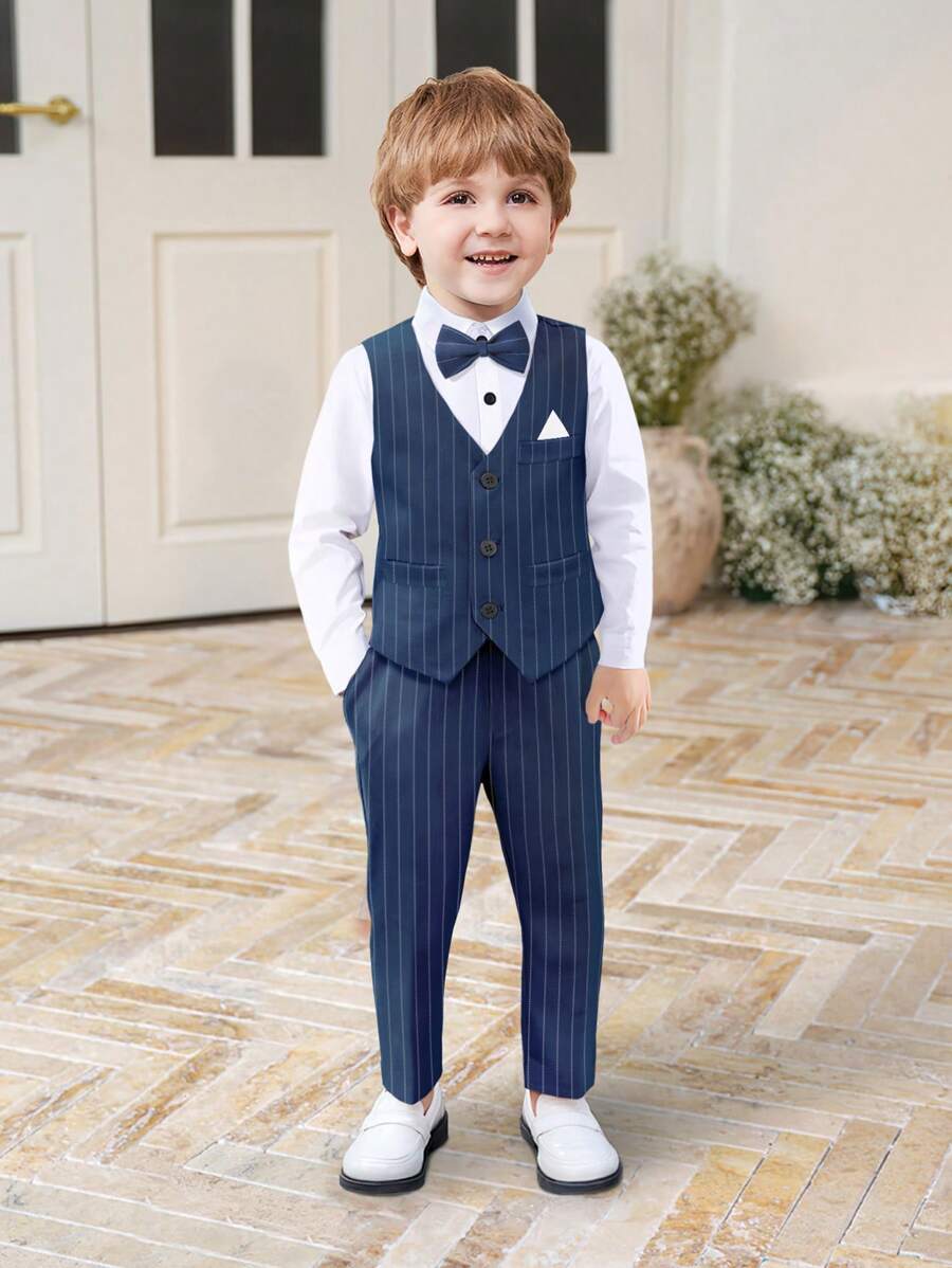2024 New Gentleman Suit For Young Boys, 4pcs Set: White Shirt + Striped Vest + Pants + Bow Tie, Academy Style Boys Wedding/Formal Occasion Outfit