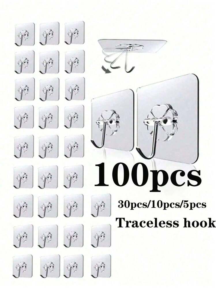 100/30/10/5 piezas Ganchos de pared sin costuras, montaje en pared sin clavos, autoadhesivos, transparentes, extraíbles, impermeables, antioxidantes, adecuados para cocina, baño, sala de estar - transparente - Añade 1