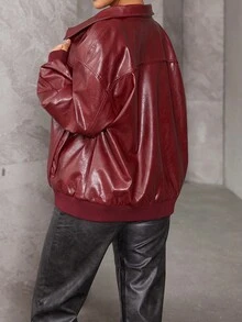 TSUTAYA Oversized Drop Shoulder Long Sleeve Zip Up Slant Pockets PU Leather Moto Jacket - Burgundy - View 2