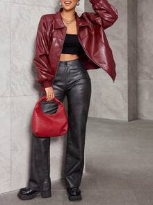 TSUTAYA Oversized Drop Shoulder Long Sleeve Zip Up Slant Pockets PU Leather Moto Jacket - Burgundy - View 3