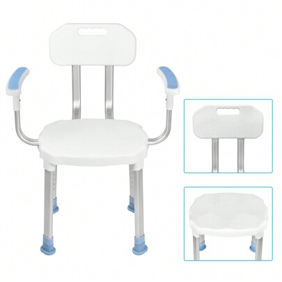 Shower Chair With Armrest And Backrest, Shower Stool Height Adjustable Bathroom Stool, With Anti-Slip Rubber Feet, Shower Aid Shower Seat Up To 150 Kg