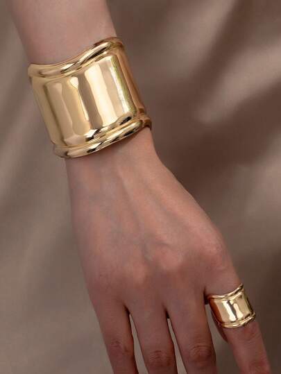 2pcs/Set Women Fashion Jewelry Set, Bohemian Style Plain Adjustable Bangle Bracelet And Ring Set