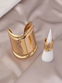 2pcs/Set Women's Fashion Jewelry Set, Bohemian Style Plain Adjustable Bangle Bracelet & Ring Set - Multi-piece Set - View 4