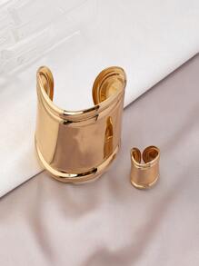 2pcs/Set Women's Fashion Jewelry Set, Bohemian Style Plain Adjustable Bangle Bracelet & Ring Set - Multi-piece Set - View 2