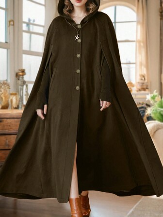 كارديجان أنثوي طويل أحادي الصدر مقنّع موحد اللون للنساء بمقاسات كبيرة