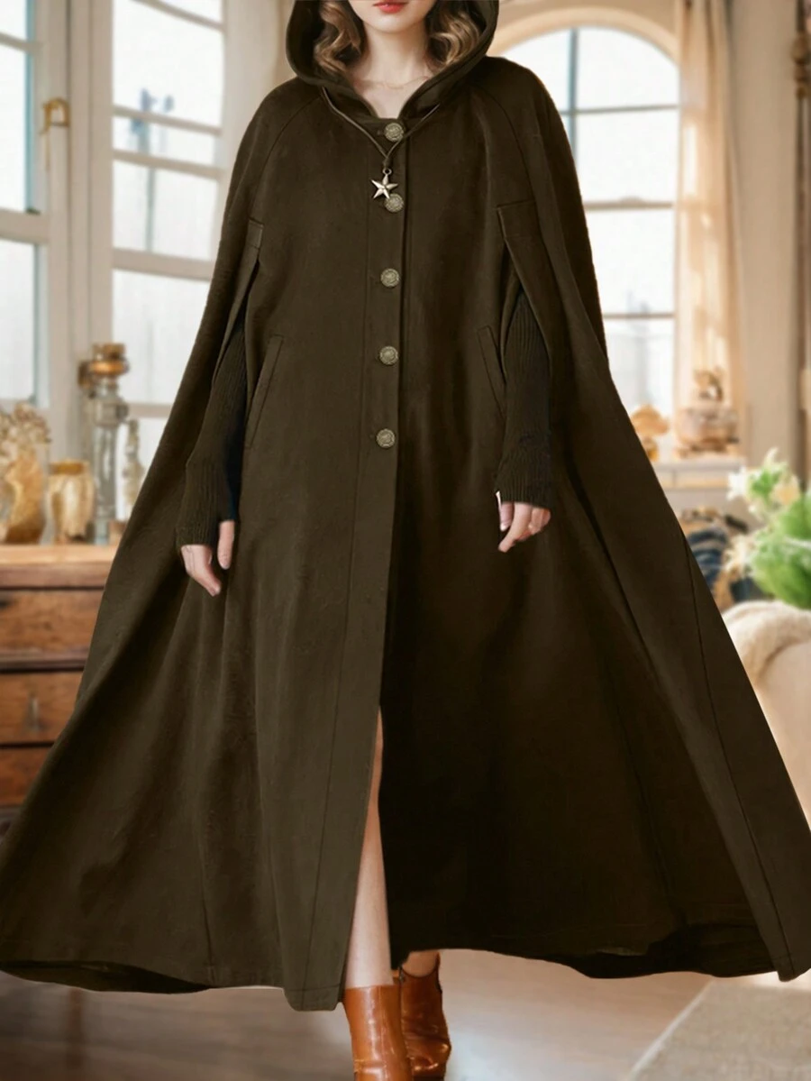 大码女式休闲纯色单排扣连帽长款开衫
