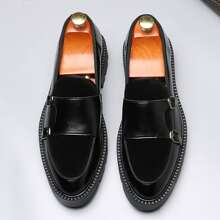 男士正装乐福鞋一脚蹬乐福鞋男式双扣孟克鞋皮革正装商务休闲舒适男鞋尺码偏大，请选小一码 - 黑色 - 查看 5