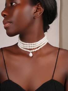 1pc Elegant Faux Pearl Necklace For Women Vintage Asymmetrical Baroque Style Choker - White - View 1