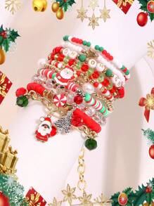 10 件/套手工串珠彩色圣诞老人圣诞弹性手链，适合女性圣诞佩戴 - 彩色 - 查看 3