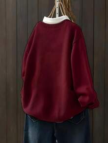 Plus Size Casual Solid Color Crew Neck Long Sleeve Cardigan, Autumn/Winter - Burgundy - View 4