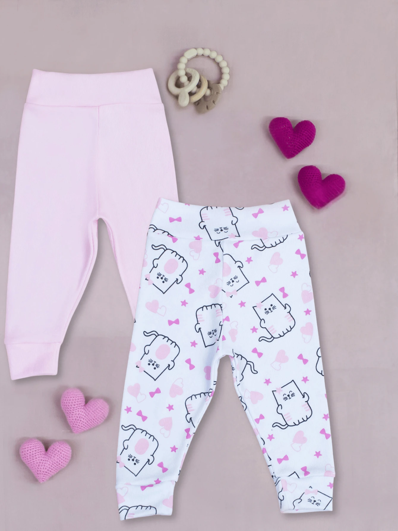 SHEIN Ribbed Knit Pants For Baby Girls And Boys, 2 Pieces, Soft, Hypoallergenic, Comfort Waistband, No Elastic, Perfect Fit, Ribbed Knit, 100% Cotton - 玫瑰紅 - 查看 1