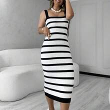Long Striped Strap Dress In Modal Knitwear - 黑色 - 查看 1