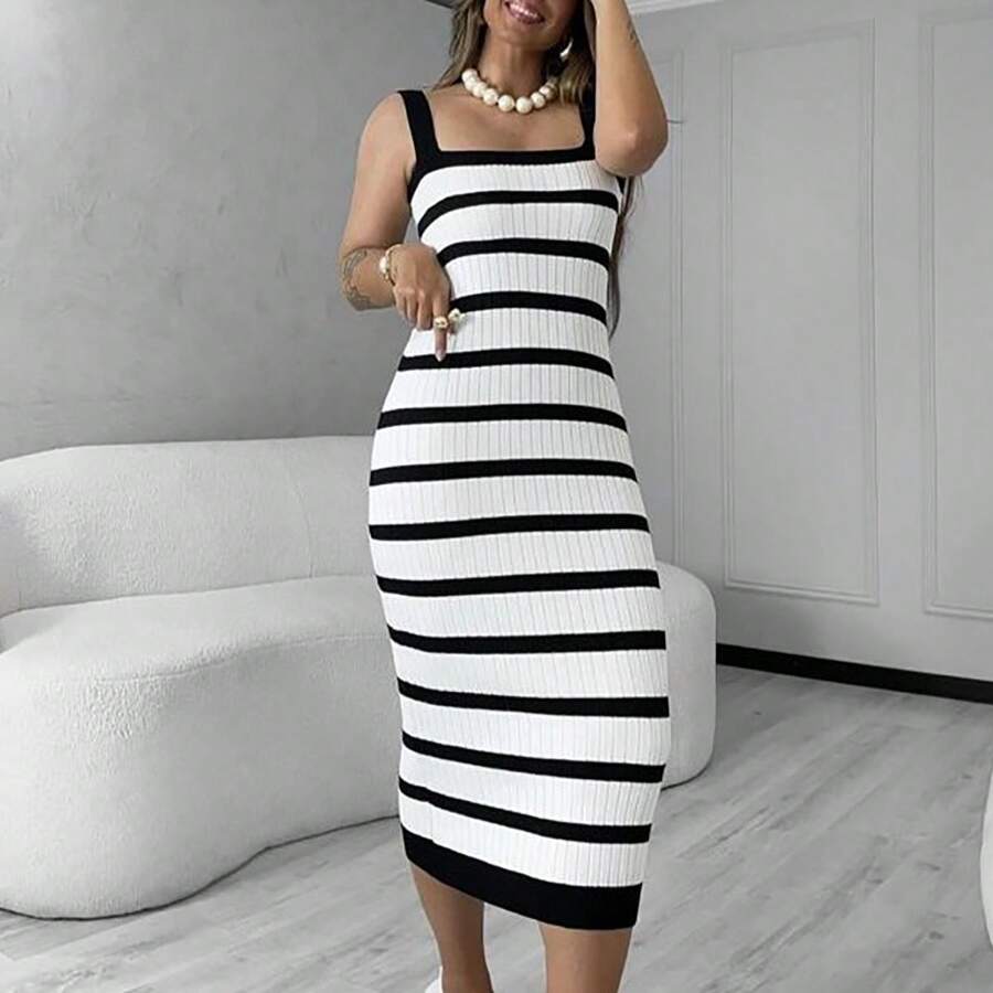 Long Striped Strap Dress In Modal Knitwear - 黑色 - 查看 1