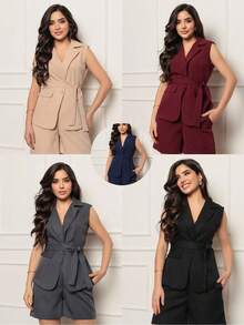 Women's Blazer Set, Vest, Elegant Style, Casual, One Button, And Tailored Shorts, Long With Pockets - 米色 - 查看 2
