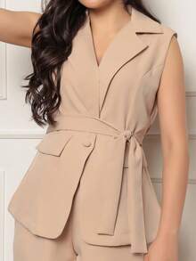 Women's Blazer Set, Vest, Elegant Style, Casual, One Button, And Tailored Shorts, Long With Pockets - 米色 - 查看 6