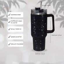 1pc 40oz/1200ml Stainless Steel Rhinestone Tumbler With Handle And Straw Lid - Reusable, Sparkly Gift For Women - Modern Rhinestone Decor Cup With Flat Bottom - Hand Wash Only - Multicolor - View 6
