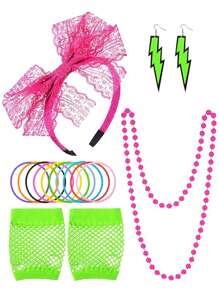 Forever & Moment 3/5/12 件女士 1980 年代霓虹服装配饰套装蝴蝶结头带闪电吊坠耳环串珠项链无指渔网手套手链万圣节装饰礼物万圣节派对礼物 - 多色 - 查看 14