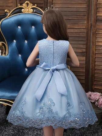 少女蕾丝边蝴蝶结薄纱连衣裙公主礼服伴娘结婚周年派对礼服，适合所有季节