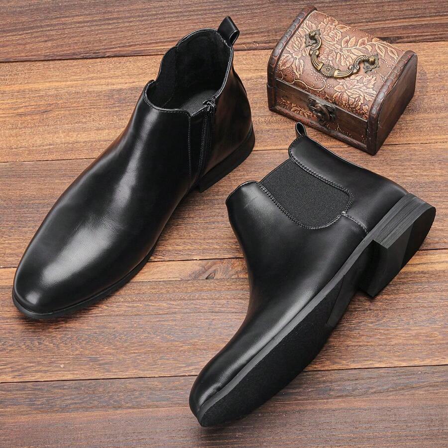 男士切尔西靴，商务/休闲，侧拉链，橡胶木鞋跟，仿旧双色皮革鞋面，经典复古踝靴