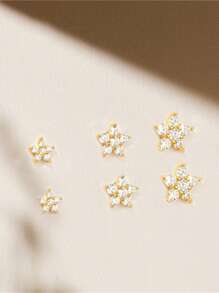 6Pcs 925 Sterling Silver Three  Flowers Earring For Women Romantic Drop Earring 18K Gold Plated  Suitable For Party Mom Gift Fine Jewelry - Gold - View 8