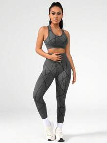 女士印花瑜伽弹力露背背心和紧身裤 2 件套，运动 - 深灰色 - 查看 3