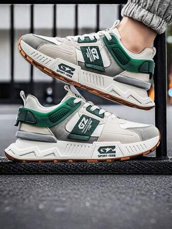 Color Block Thick Sole Men's Chunky Sneakers, Fashion Breathable Comfortable Men Sports Shoes, Height Increasing Lace-Up Men Running Sneakers, Outdoor