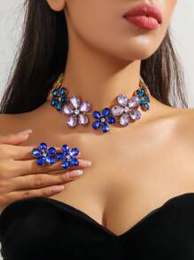 3pcs New Stylish Colorful Flower Necklace And Earring Set, Luxury European And American Style Evening Dress Party Jewelry Valentines