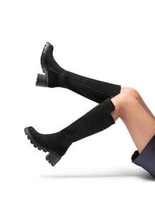 Women's Knee High Boots, Comfortable Platform Round Toe Stretch Boots For Women - DA LỘN MÀU ĐEN - Xem 8