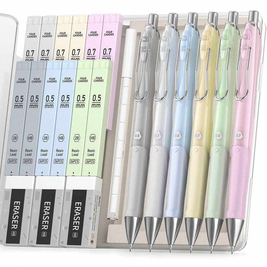 Pastel Mechanical Pencil Set 6PCS 0.5 & 0.7 Mm With 12 Tubes HB 2B Lead Refills, 3 Erasers, 9small Eraser Refills, Metal Clip For School Drawing Sketching Artists College Writing 6 Colors - 0.5&0.7 - 查看 1