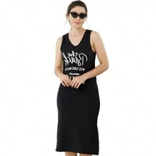 Ribbed Midi Dress With Printed Wide Straps V-Neck Summer Beach Fashion Slim 50122A - màu đen - Xem 4