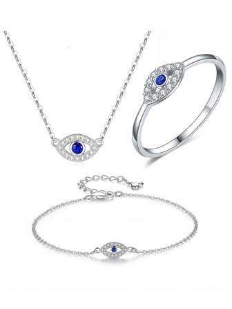 TONGZHE Evil Eye Turkey Jewelry Sets For Women Blue Pendant 925 Sterling Silver Ring Necklace Bracelet Wedding Gift Girl