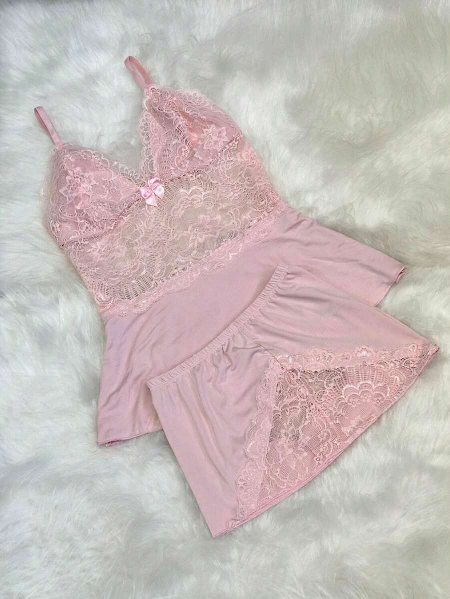 Women's Shortdoll Pajama Set With Sensual Lace - 淺粉色 - 查看 1