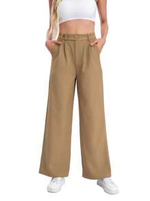 Pantalones De Vestir De Cintura Alta Con Piernas Anchas Y Pliegues - Caqui - Ver 1