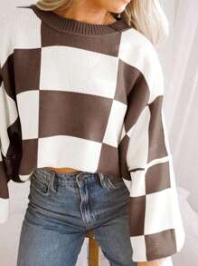 Checkered Bishop Sleeve Sweater,Long Sleeve Tops