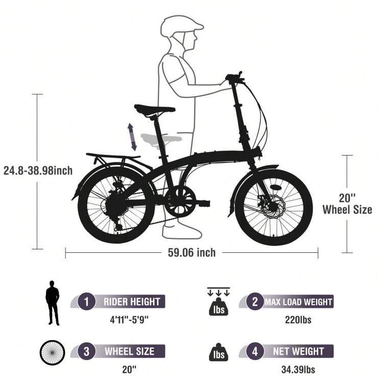 20" Folding Bike Steel Frame 7 Speed  City Bike - 紫色 - 查看 3