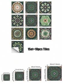 10pcs Bohemian Patterned Vinyl Self-Adhesive Removable Decorative Tile Wall Stickers, Artistic Flower Wall Tile Stickers, Self-Adhesive Creative Mandala-Style Tile Stickers, Peel-And-Stick Tile Splash Guards, Removable Waterproof Self-Adhesive Square Wall Stickers, Suitable For Homes, Kitchens, Living Rooms, Bathrooms, Bedrooms, Cabinets, Offices, And Used For Room Decoration, Home Decoration, And Wall Decoration. - Multicolor - View 4