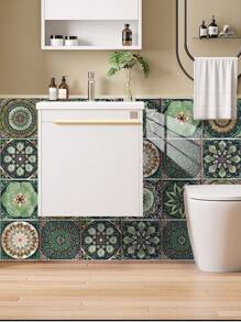 10pcs Bohemian Patterned Vinyl Self-Adhesive Removable Decorative Tile Wall Stickers, Artistic Flower Wall Tile Stickers, Self-Adhesive Creative Mandala-Style Tile Stickers, Peel-And-Stick Tile Splash Guards, Removable Waterproof Self-Adhesive Square Wall Stickers, Suitable For Homes, Kitchens, Living Rooms, Bathrooms, Bedrooms, Cabinets, Offices, And Used For Room Decoration, Home Decoration, And Wall Decoration. - Multicolor - View 5