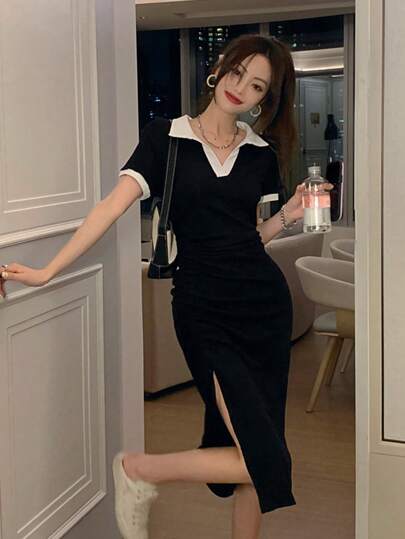 Gal Fashion 女士狗狗图案拼色翻领长袖系带休闲中长连衣裙，春夏