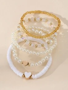 5pcs/Set Girls Heart Soft Clay Pearl Beaded Bracelet Set Suitable For Daily Decoration - 5PCS - View 5