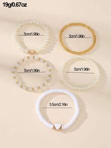 5pcs/Set Girls Heart Soft Clay Pearl Beaded Bracelet Set Suitable For Daily Decoration - 5PCS - View 4