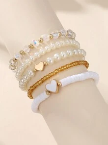 5pcs/Set Girls Heart Soft Clay Pearl Beaded Bracelet Set Suitable For Daily Decoration - 5PCS - View 3