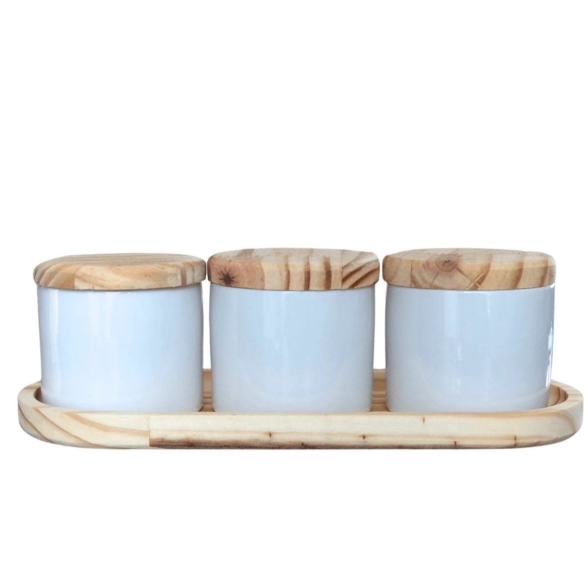 Storage Kit / Condiments / Food 200ml - 4 Pcs - Porcelain Pots, Tray And Pine Lid - trắng - Xem 1